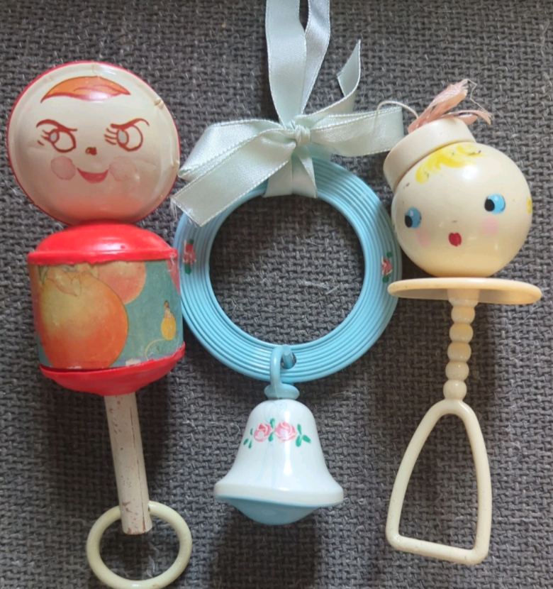 Vintage Celluloid Plastic Baby Rattles - Set Of 3